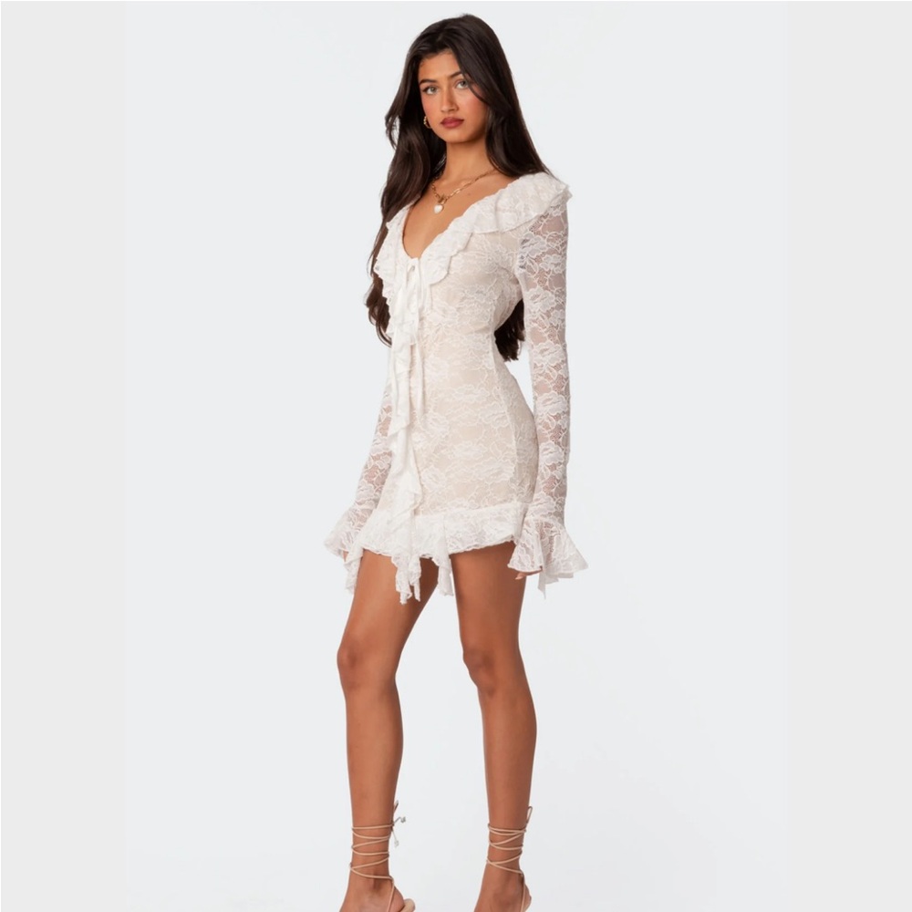 Edikted White Lace Ruffle Mini Dress